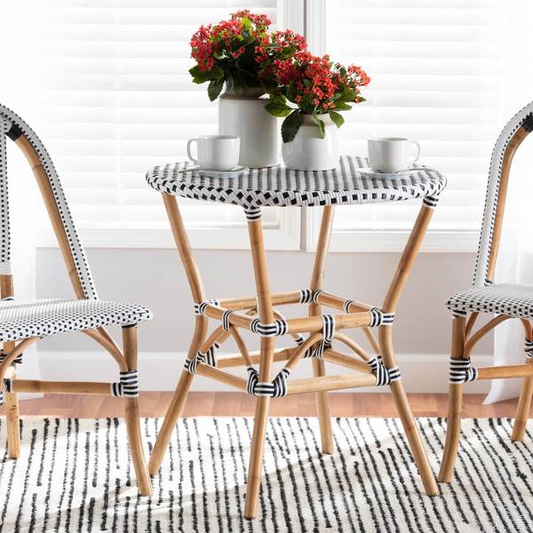 Baxton Studio Tavor Classic French Black and White Weaving and Natural Brown Rattan Dining Table 210-12699